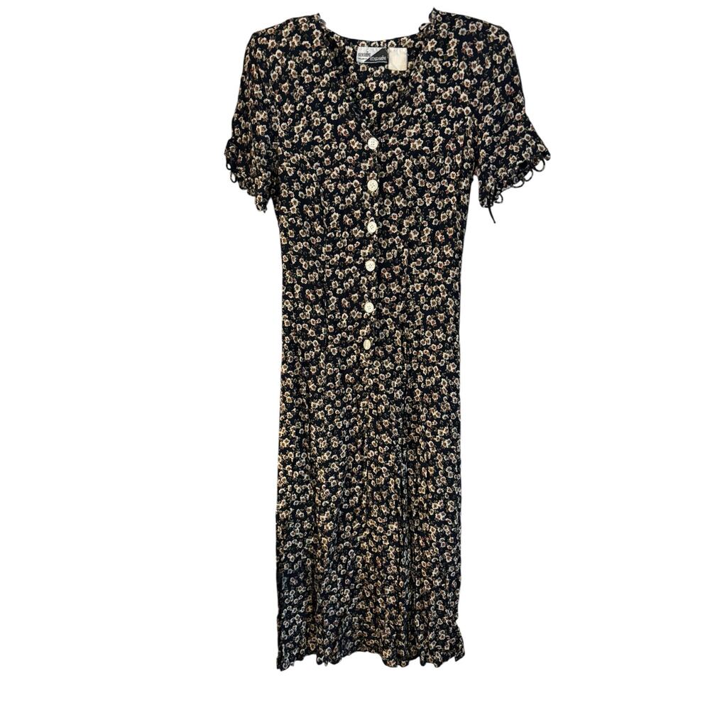 Vintage Sunshine Starshine Floral Midi Dress Short Sleeve Back Lacing Size 10